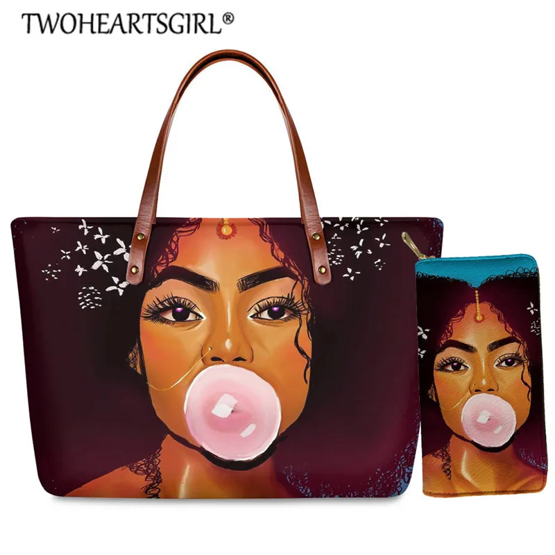 

Twoheartsgirl African Bubble Girl Design Women Handbag&Wallet 2pcs Set Black Magic Girl Large Tote Bags StylishÂ Shoulder BagsÂ