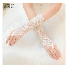 JIERUIZE Свадебные перчатки без пальцев, Прозрачная Кружевная аппликация, короткая перчатка для свадьбы с кристаллами и лентой, аксессуары для невесты