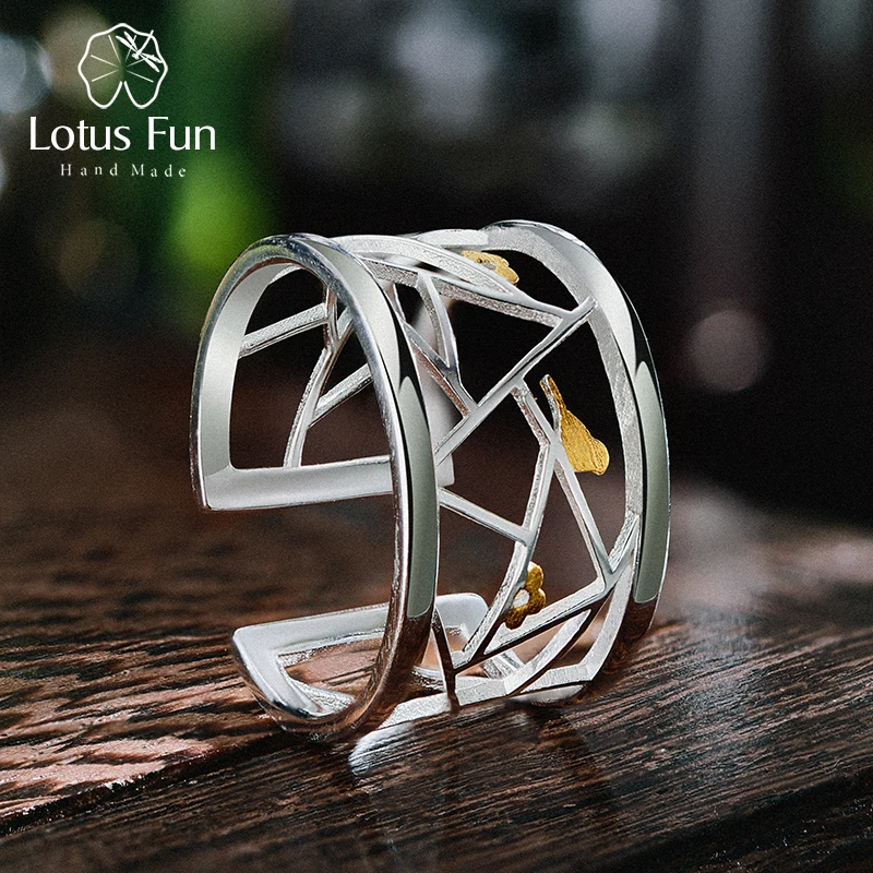 

Lotus Fun 925 Sterling Silver Open Adjustable Ring 18K Gold Bird Wide Large Geometric Jewelry Valentines Day Gift for Girlfriend