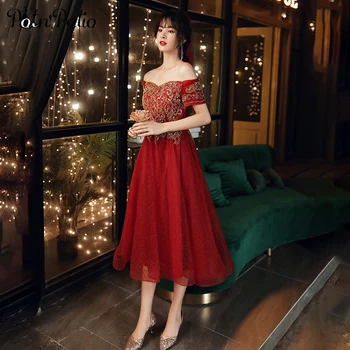 

Sexy Boat Neck Off The Shoulder Tea-length Wine Red Prom Dresses Long Luxury Appliques Plus Size Tulle Homecoming Dresses