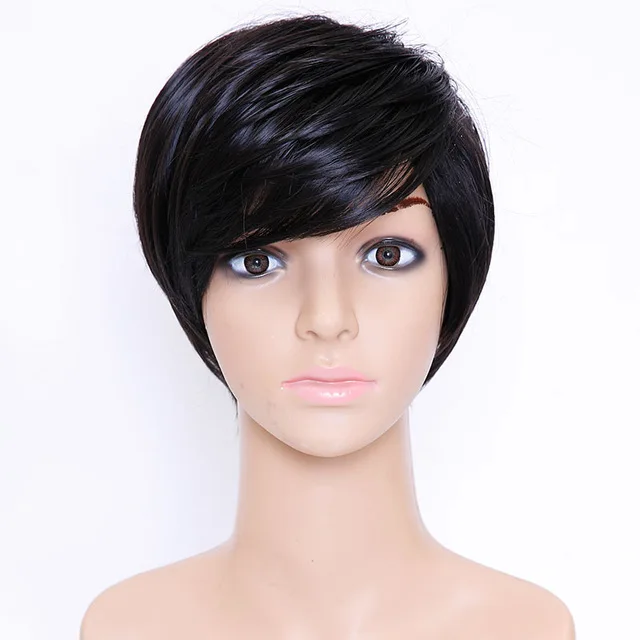 Allaosif короткие стриженые парики с челкой для черных женщин натуральные волосы женский парик женский жаростойкий синтетический парик - Цвет: Натуральный чёрный