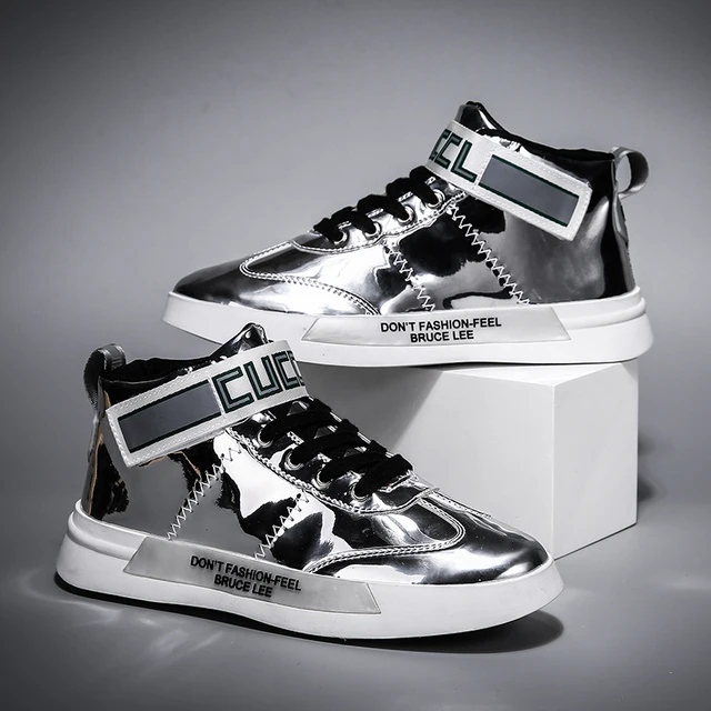 New Shiny Gold Men Glitter Shoes High Top Fashion Men Designer Trainers Non-Slip Mirros Men's Leather Unisex Zapatilla De Hombre Gray-270