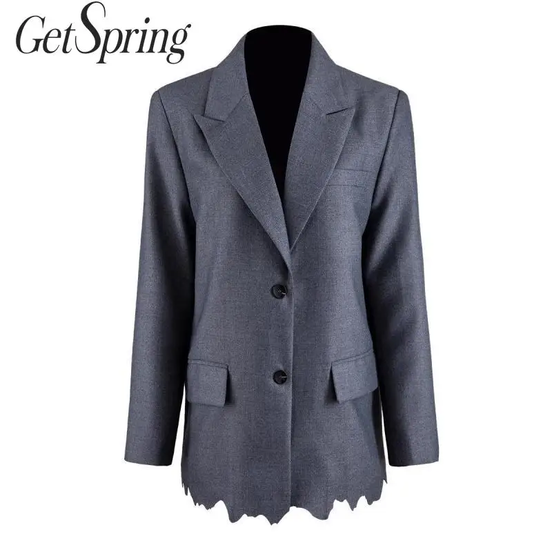 

GetSpring Women Blazer Single Breasted Long Sleeve Ladies Blazer Coat Irregular Hem Women's Slim Suit Jacket Long Jackets Autumn