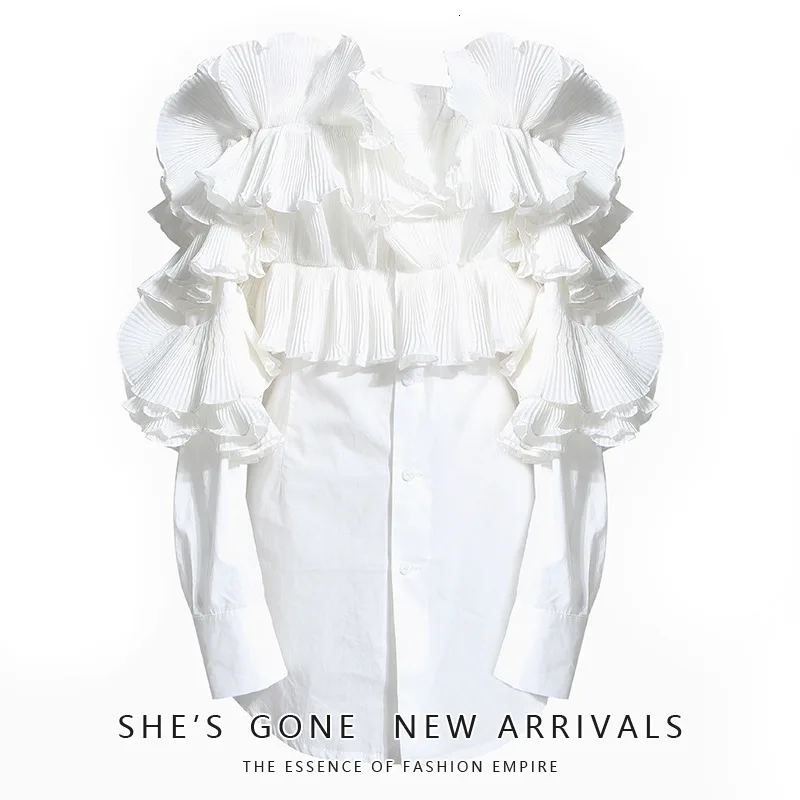 Fashion Tide New Autumn And Winter Ruffles Pleated Off The Shoulder Full Sleeves Single Breasted Cotton Shirt BLOUSE
