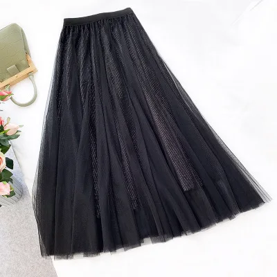 Женские юбки Meyooe, Осень-зима, сетчатая бархатная Повседневная Однотонная юбка миди для женщин - Цвет: black