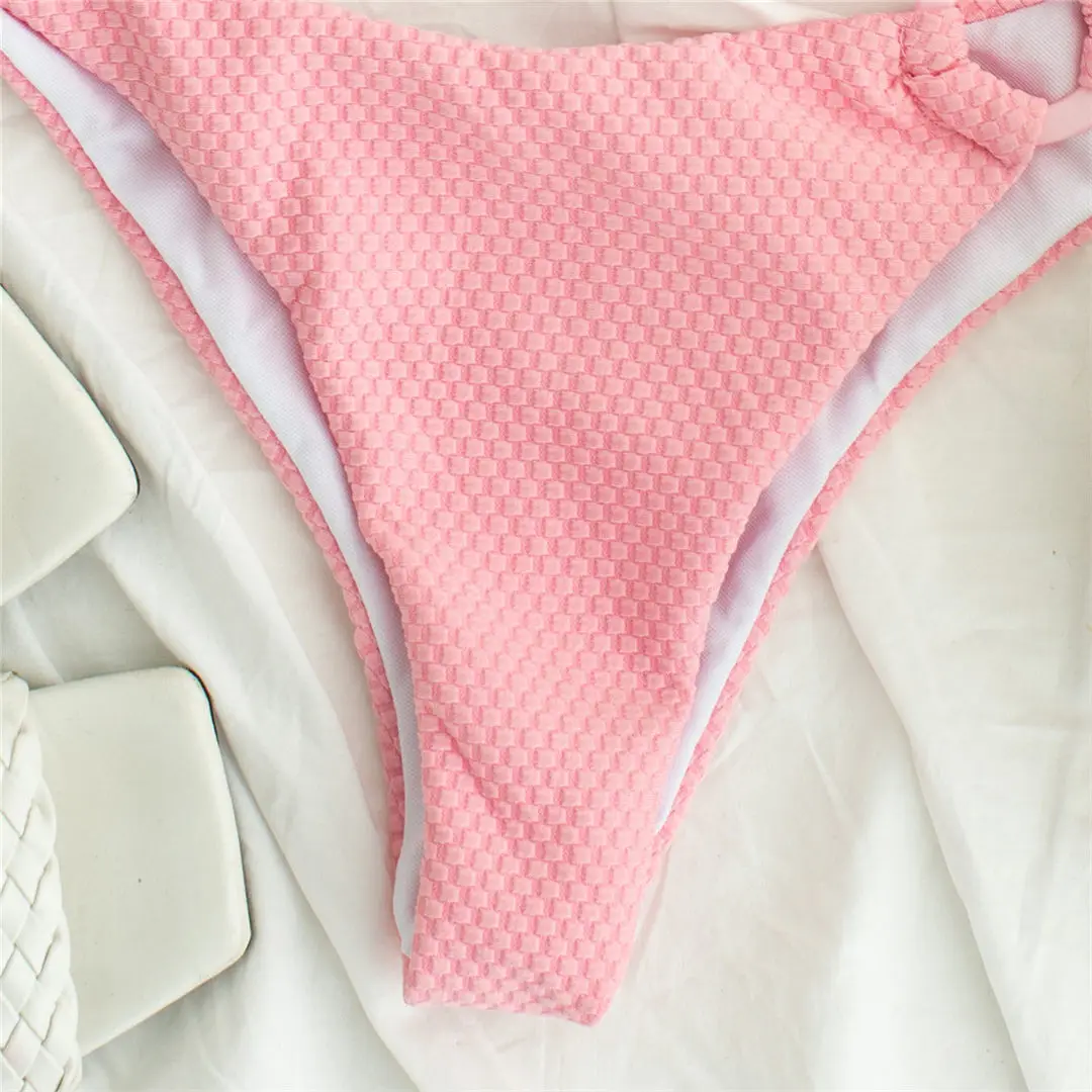 Sexy 2020 Halter Pink Bikini Women Swimwear Female Swimsuit Two-pieces Bikini set Mid Waist Bather Bathing Suit Swim Lady V2424