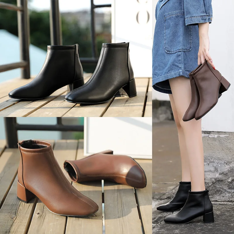 

Square Head Small Short Boots Women's 2019 Autumn & Winter New Style Korean-style plus Velvet Boots Women's Semi-high Heeled Boo