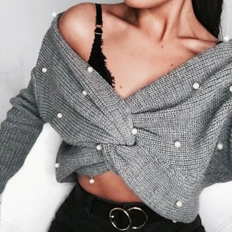

Pearl Beading V Neck Twist Sweater Sweet Burgundy Women Pullovers Knit Jumper Long Sleeve Casual Solid Sweater pull femme