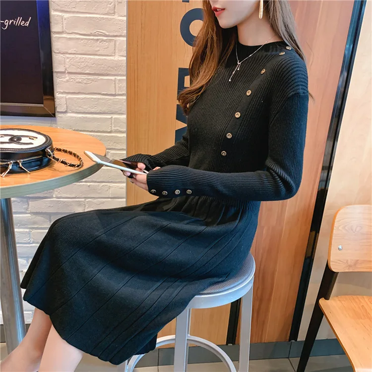 New Autumn Winter Maxi Sweater Dress Women Long Sleeve Rib Loose Female Long  Sweater Dress High Neck Elegant A-line Button Dress - Dresses - AliExpress