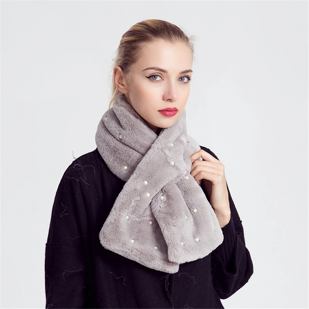 Nuevas bufandas de felpa de conejo de imitación de invierno, bufanda de perlas de cálida para mujer, hiyab de terciopelo grueso de Color puro, estolas al por mayor|Bufandas de mujer| -
