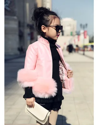 pink Scsech/Новое кожаное детское повседневное пальто Меховая куртка в стиле пэчворк осенне-зимняя утепленная верхняя одежда с воротником пуховик для девочек - Цвет: pink