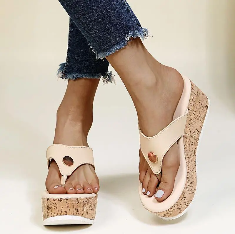 Plus size women’s beach wedge sandals with platform sole and open-toe summer design beige 2