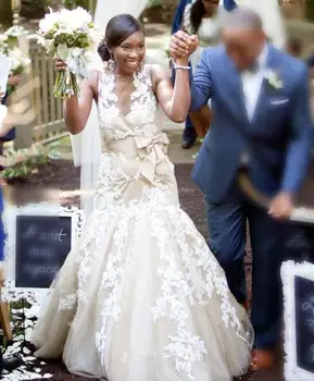 

2020 O Neck Tank Bow Belt Button Lace Mermaid Wedding Dress Vestido De Noiva Robe de mariee