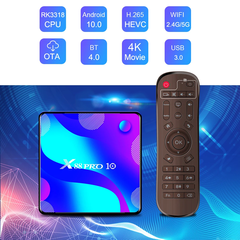 ТВ-приставка X88 PRO 10 RK3318 Android 0 2 ГБ/4 ГБ 16 ГБ/32 ГБ/64GB128G 4K 1080P Google Store Netflix телеприставка