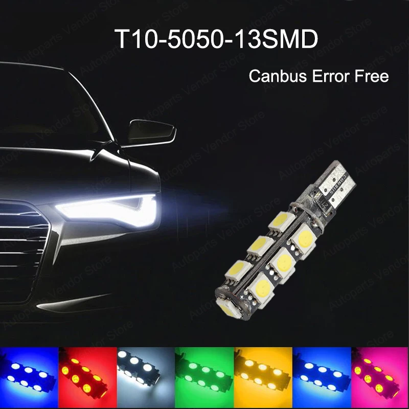 

10Pcs T10 W5W 5050 13SMD LED Car Bulbs Canbus Error Free 194 168 2825 Clearance Lamps Reading License Plate Lights 12V