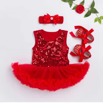 

Newborn Baby Girl Set Sequin Infant Princess Suits Girl Party Clothes Bebes Lace Tutu Romper Headband Shoes 3pcs Baptism Sets