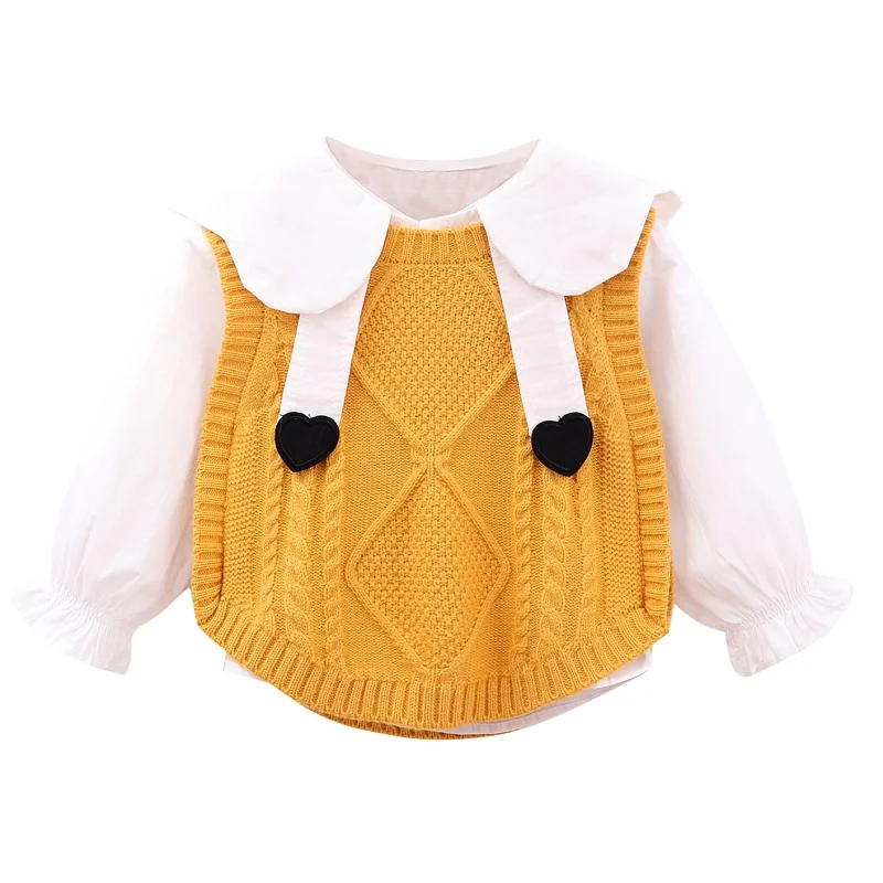 

2pcs Child Clothing Autumn Girl White Shirt Long Sleeve Little Girls Kids Cotton Cute Knitted Sweater Vest Tops Casual Outfits