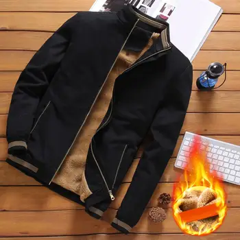 

Plus Size Men Winter Stand Collar Zipper Pockets Fleece Lined Woolen Warm Jacket Men's solid color winter warm jacket