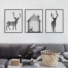 Nórdico Vintage negro blanco ciervo cabeza animales silueta gran arte impresión cartel pared cuadro lienzo pintura sin marco decoración del hogar