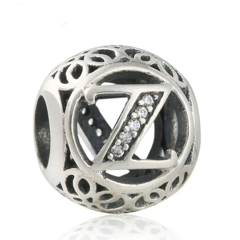 

Summer 925-Sterling-Silver Vintage Alphabet Cubic Zirconia Letter Z Openwork Charms Beads Fits Pandora bracelets LE16Z