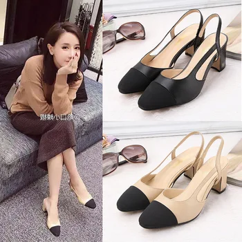 

2019 Summer High With Sexy With Genuine Leather Sandals Spelling Coarse Color With Women's Shoes Square Shallow Mouth Single