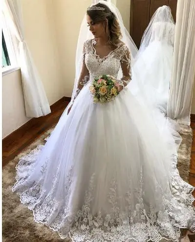 Vestido De Noiva сексуальный, кружевной, с аппликацией свадебное платье со шлейфом средней длины на пуговицах, с закрытой пяткой, со шлейфом средней длины с длинными рукавами Vestido de Noiva