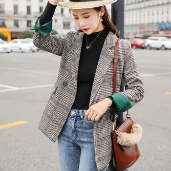 

Women Brown Plaid Green Sleeve Blazer New Casual Fall Winter Single Breasted Coat Jackets Fashion Blazer for Girl S-4XL