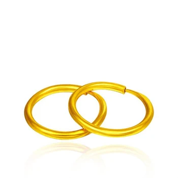

999 Real 24K Yellow Gold Earrings Women Luck Smooth Hoop Earrings 0.9-1.3g Best Gift