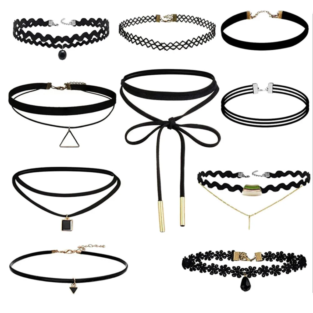

10pcs/set Gothic Punk Velvet Tattoo Lace Choker Necklace Sexy Black Long Pendant Jewelry Women Lady Collar Chocker