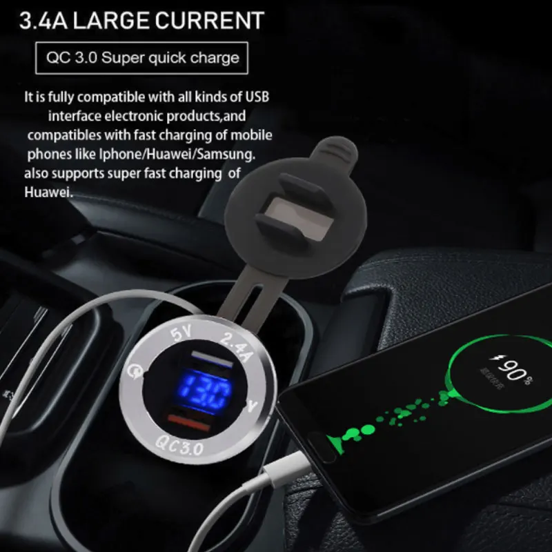 QC 3,0 разъем питания автомобиля срочное быстрое зарядное устройство двойной USB светодиодный вольтметр 5 В/3,4 A 2 порта зарядки для iPhone Android