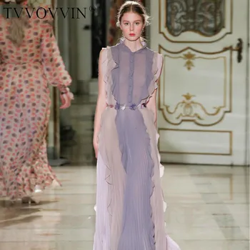 

TVVOVVIN Contrast Color Mosaic Ruffled Stand Collar Sleeveless Woman Pleated Dress Casual Sweet Simple Fashion 2019 Autumn X225