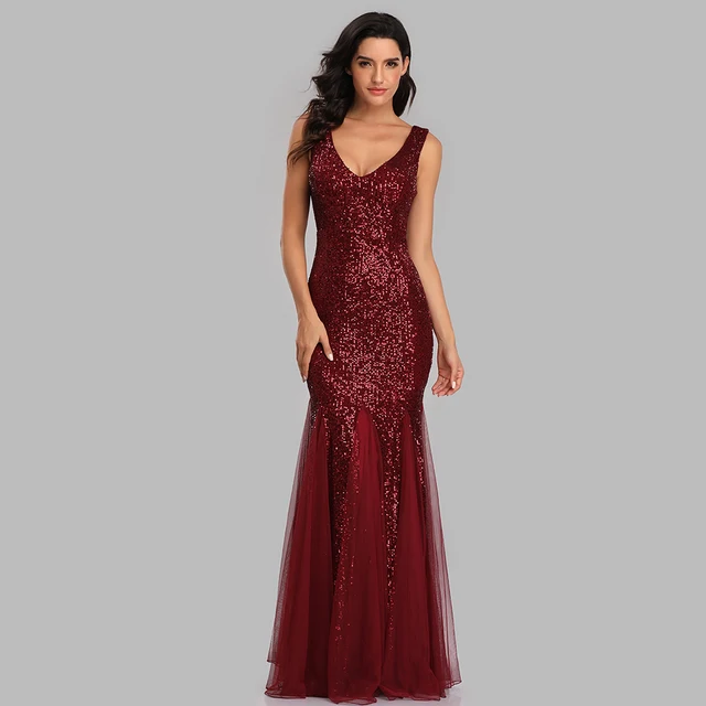 Plus Size V Neck Mermaid Burgundy Dress Long Formal Prom Party Gown Sequins Sleeveless Robe De Soriee Sexy Evening Vestido De Burgundy