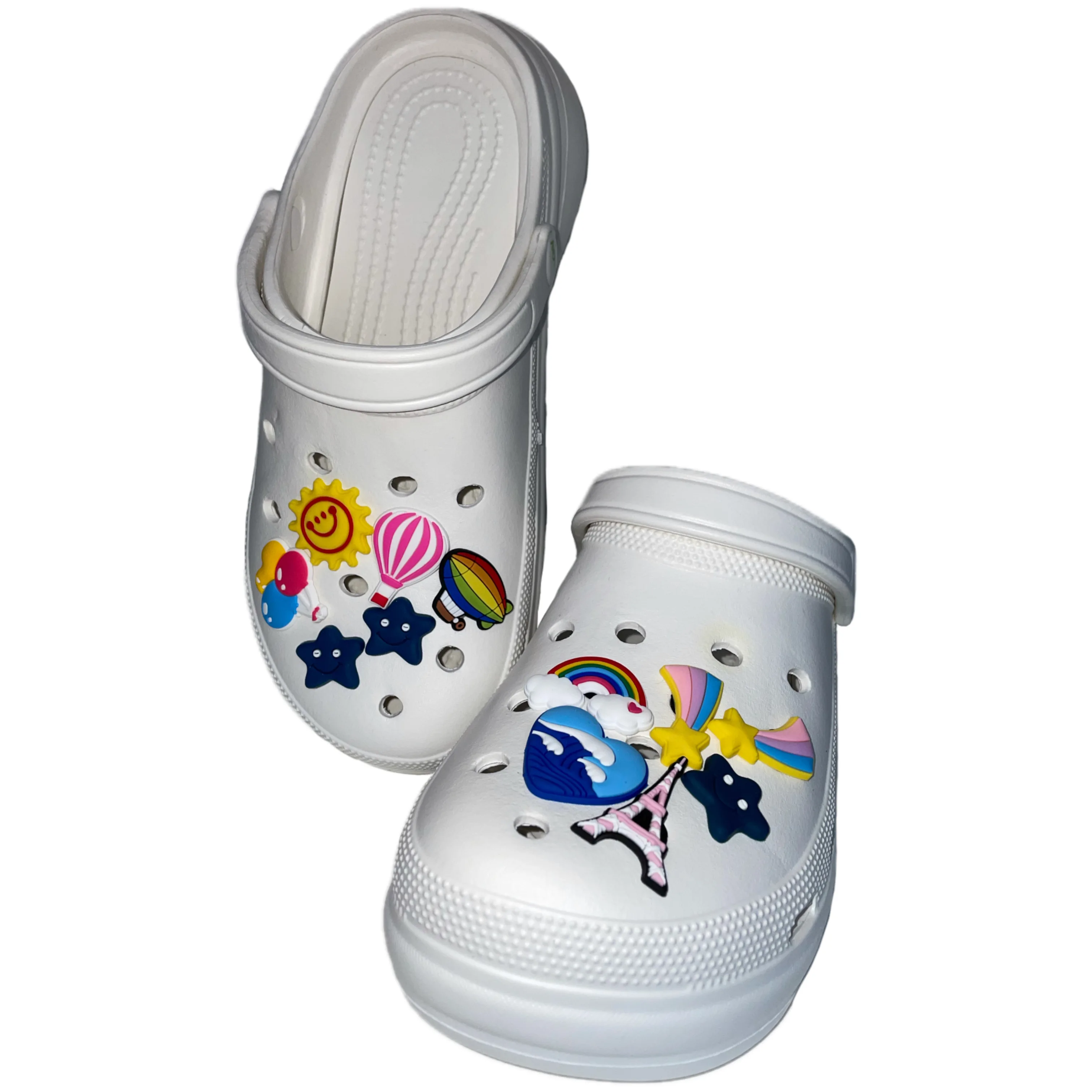 Купить 10pcs Casual PVC Shoe Charms Balloons Eiffel Tower Clog Decorations Rainbow Clouds Sun Stars Moon Sandal Accessories for Kids  Обувь | Shoe Decorations (1005003461537343)