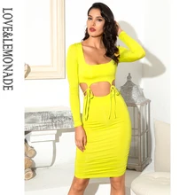 LOVE&LEMONADE Сексуальное платье с круглым вырезом, ФЛУОРЕСЦЕНТНОЕ зеленое платье из двух частей, плиссированное облегающее платье со средней рукавами, LM90085