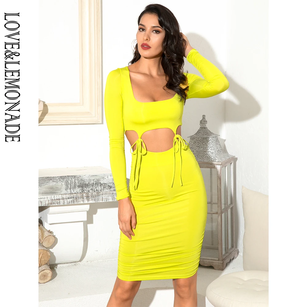 

LOVE&LEMONADE Sexy Round Neck Fluorescent Green Two-Pieces Tie Rope Pleated Mid Sleeve Bodycon Dress LM90085 Autumn/Winter
