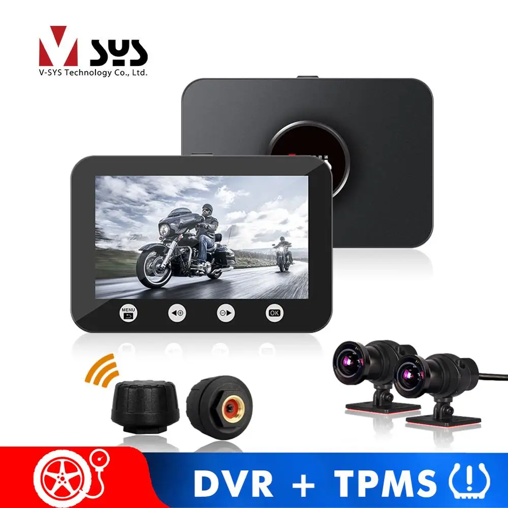 

VSYS Tire Pressure Monitoring System + Dual 1080P Motorcycle DVR Dash Cam Waterproof WiFi Camera Recorder Voltmeter Odometer