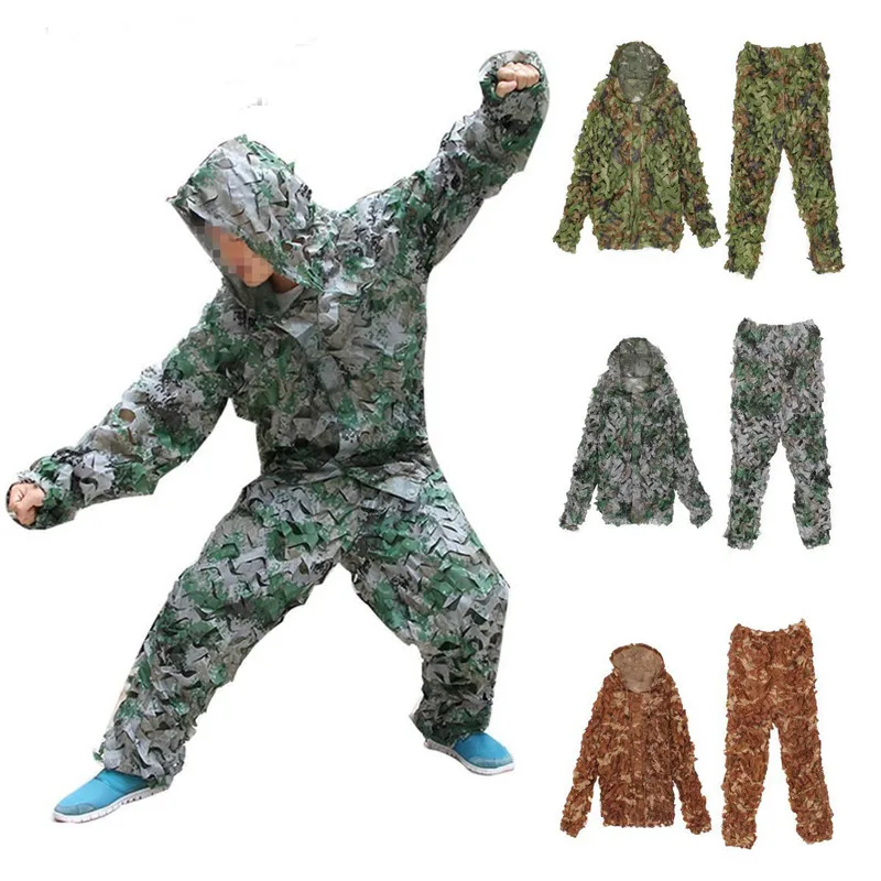 Лесной Военный камуфляж Ghillie Костюмы дышащая сетка + зеленые листья снайперская