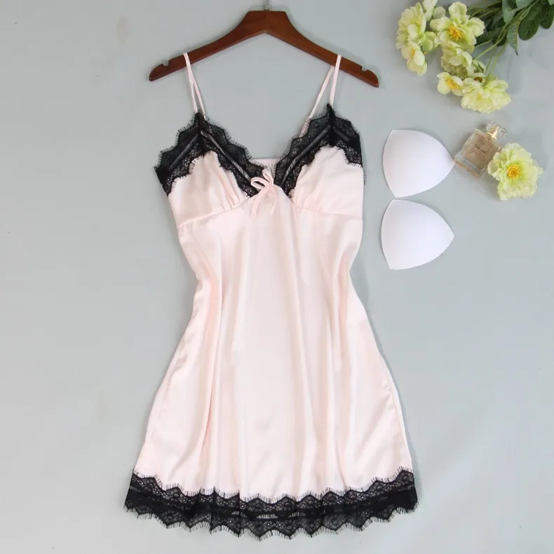 New Style Sexy Pajamas Female Spring Summer Long Sleeve Nightgown Piece-Slip Nightdress with Chest Pad Thin Ice Silk