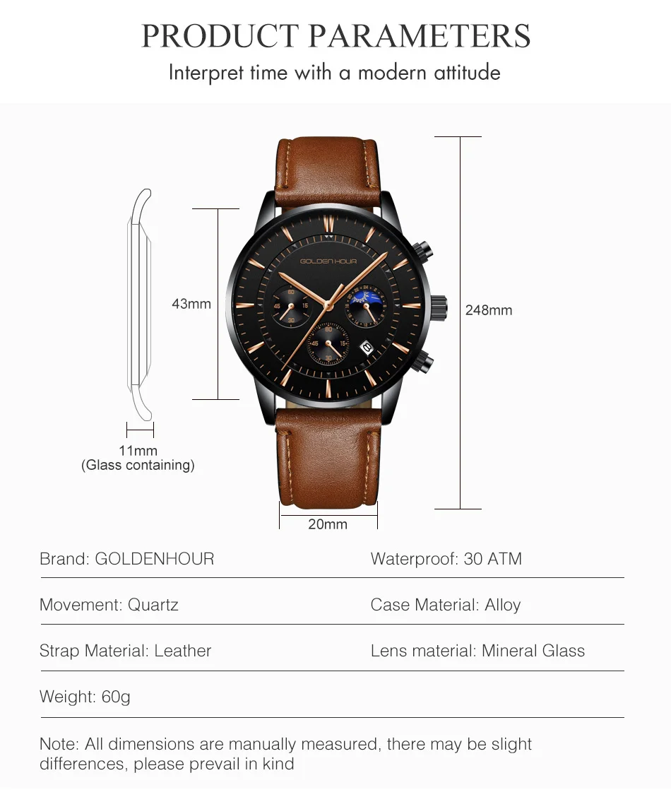 Мужские часы Лидирующий бренд GOLDENHOUR новые роскошные модные мужские кварцевые часы водонепроницаемые кожаные мужские спортивные часы Relogio Masculino