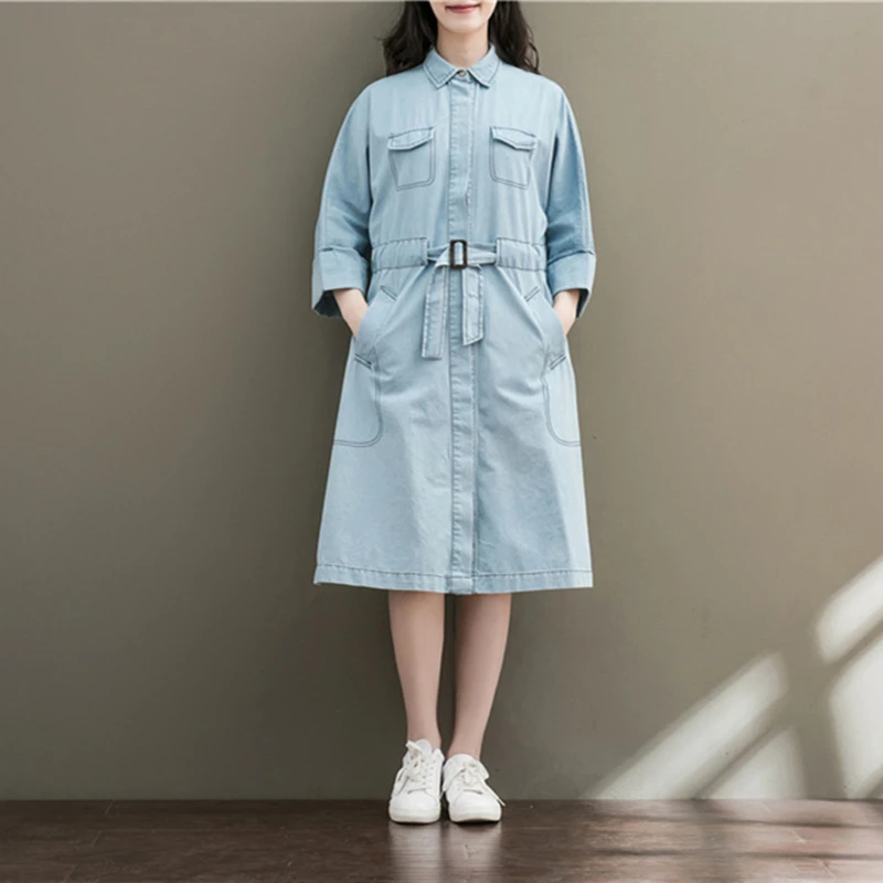 

Women Straight Dress Light Denim Blue Turn Down Collar Womens Loose Casual Belted Dresses Plus Size Belted Jeans Dress Vintage
