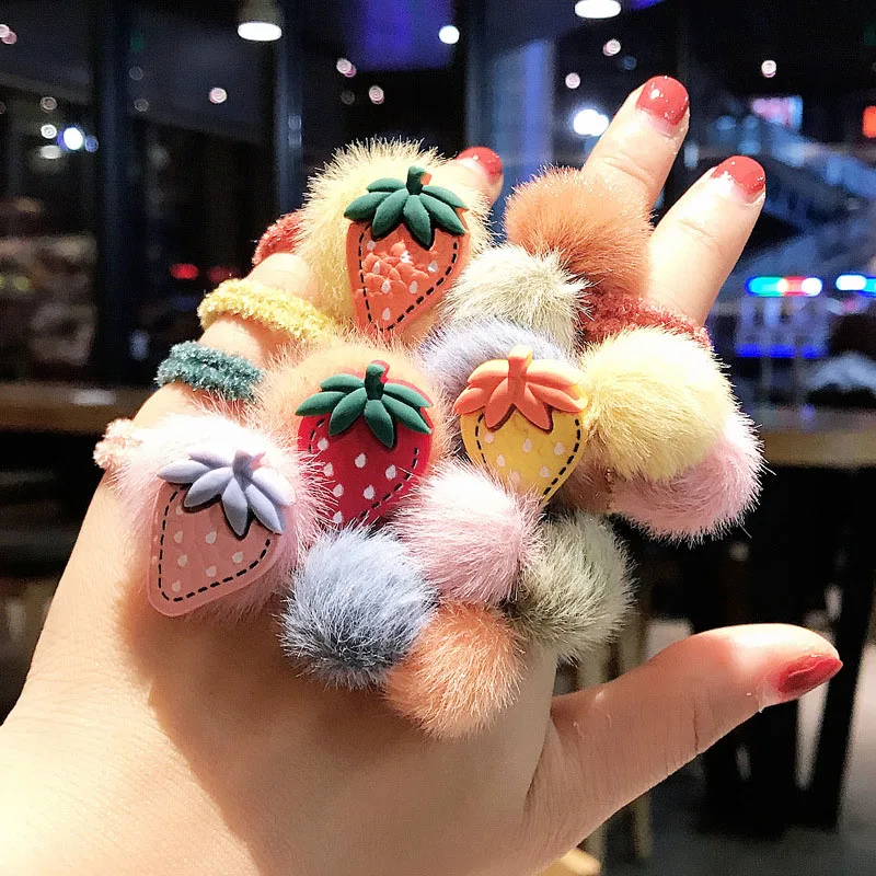 

New Strawberry Faux Fur Ball Children Hair Accessories Cute Hair Clips For Girls Kids High Elastic Hair Bands Hair Tie Ring Rope