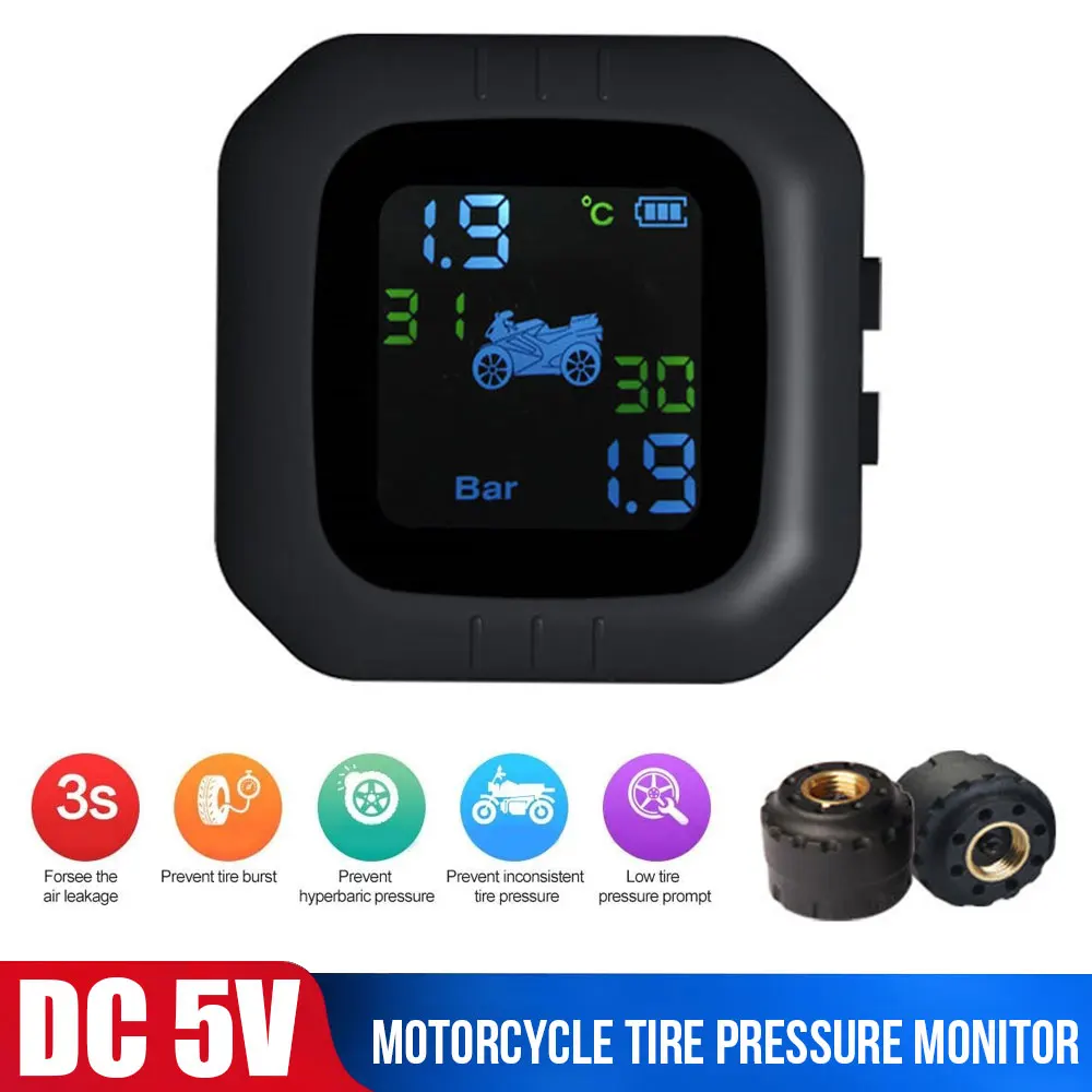 

TPMS motorcycle tire pressure monitor, USB charging, high and low pressure / high temperature / emergency leak alarm