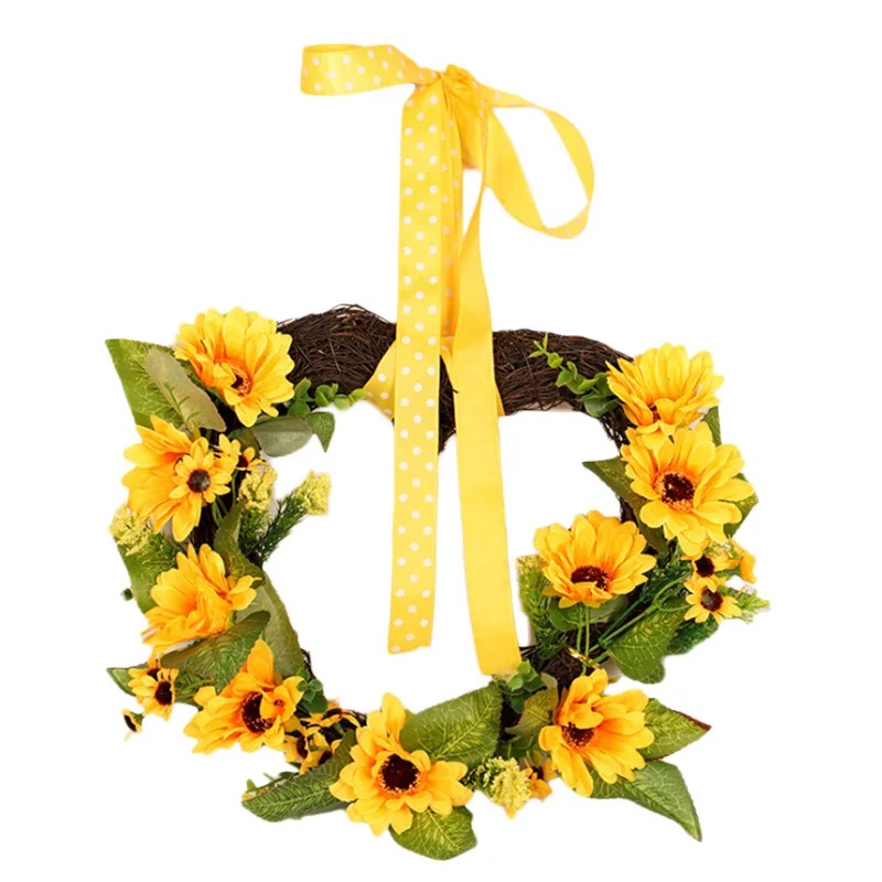 

Artificial Sunflower Wreath, Heart-Shaped Greenery Springtime Flower Wreath With Yellow Sunflower For Front Door Outdoor Wall We