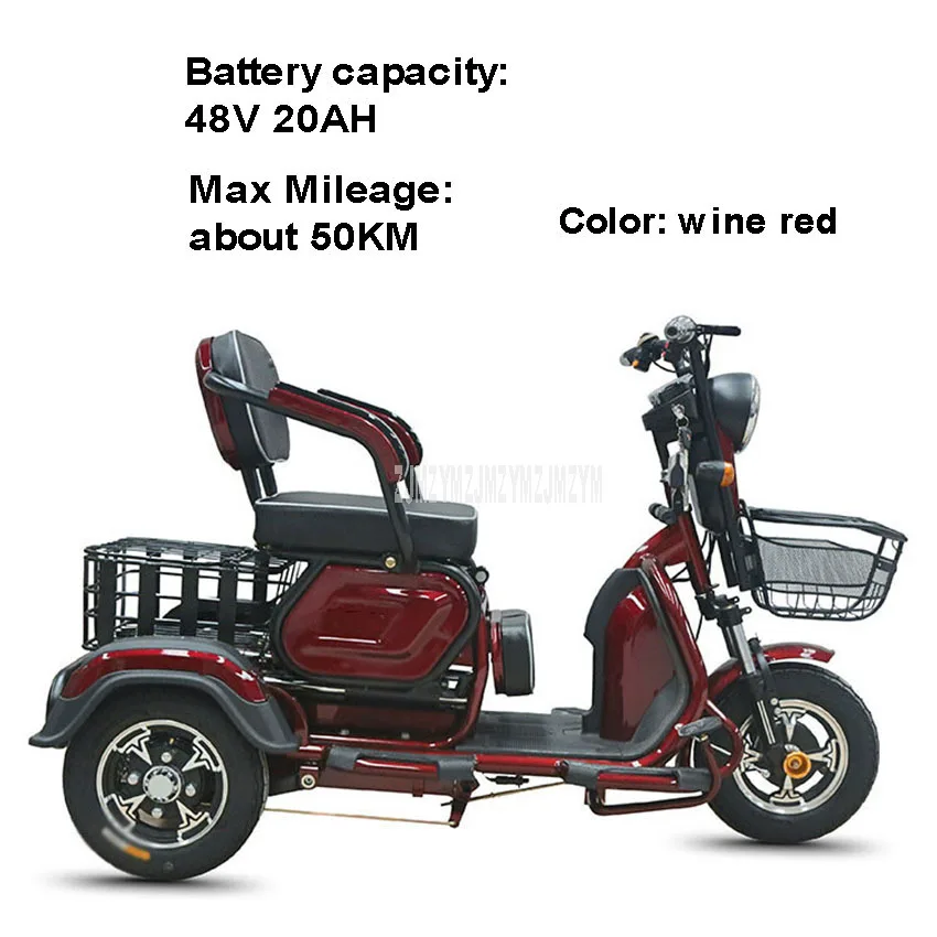 Трехместный Электрический мотоцикл для пожилых людей, Электрический скутер с широкими шинами, трехколесный скутер для пожилых людей с ограниченными возможностями, 500 Вт, 48 В/60 в - Цвет: 48V 20AHWineRed