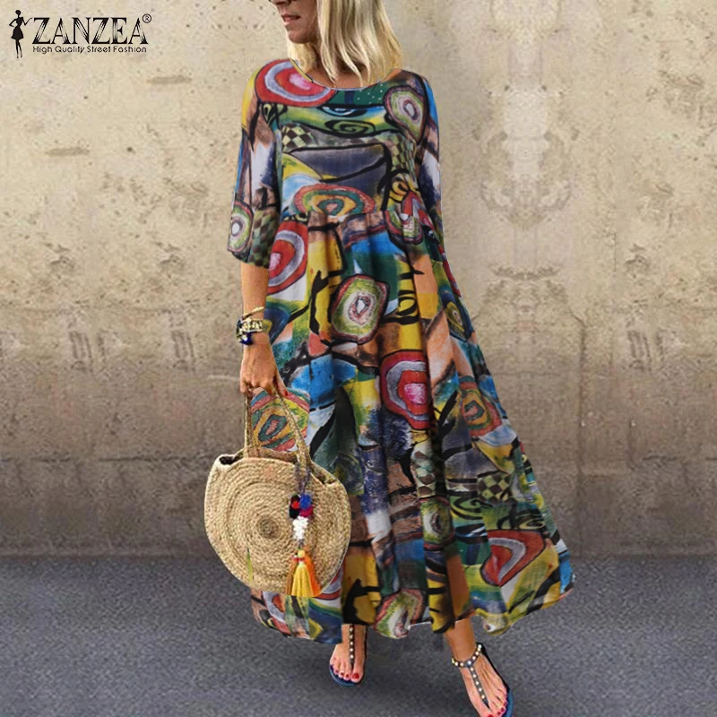 ZANZEA Women Bohemian Sleeveless Floral Printed Sundress Summer Dress Robe Vintage Kaftan Beach Vestido Femme Sarafans Plus Size