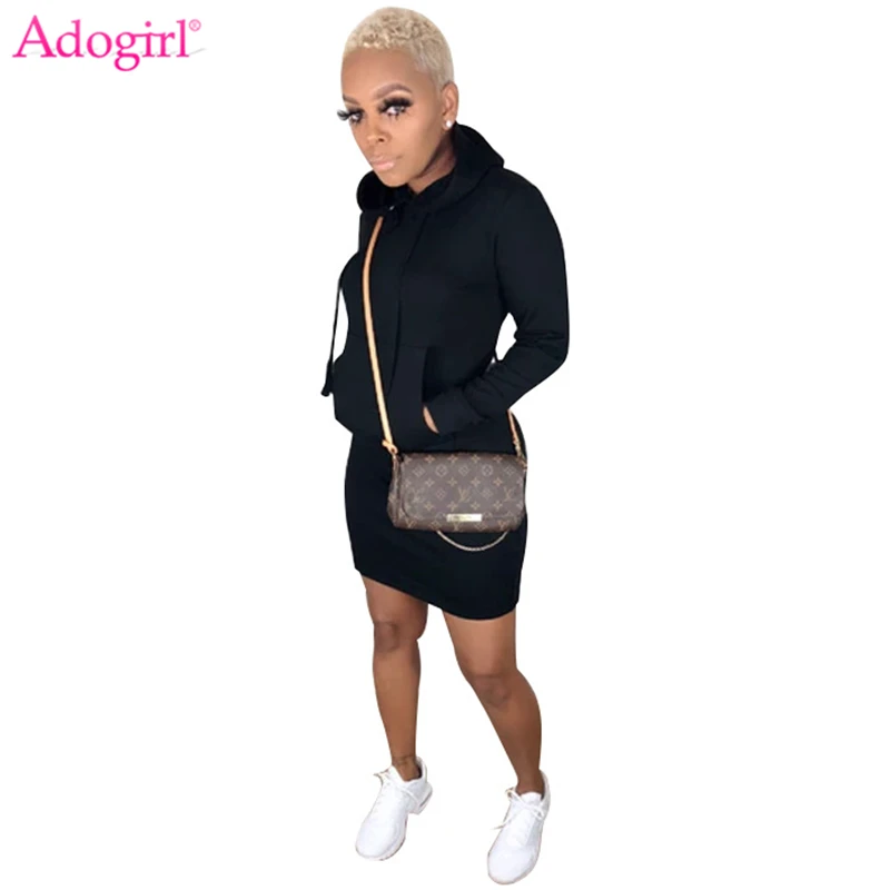 Adogirl 2019 осенне зимнее Повседневное платье с карманами и капюшоном длинный рукав