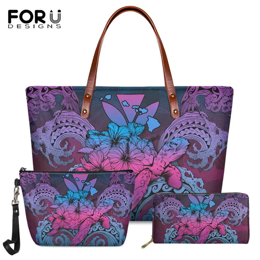 

FORUDESIGNS Gradient Kanaka Maoli Turtle Hibiscus Poly Samoa Print Fashion Ladies 3set/pcs Brand Designer Women Handbag Wallet