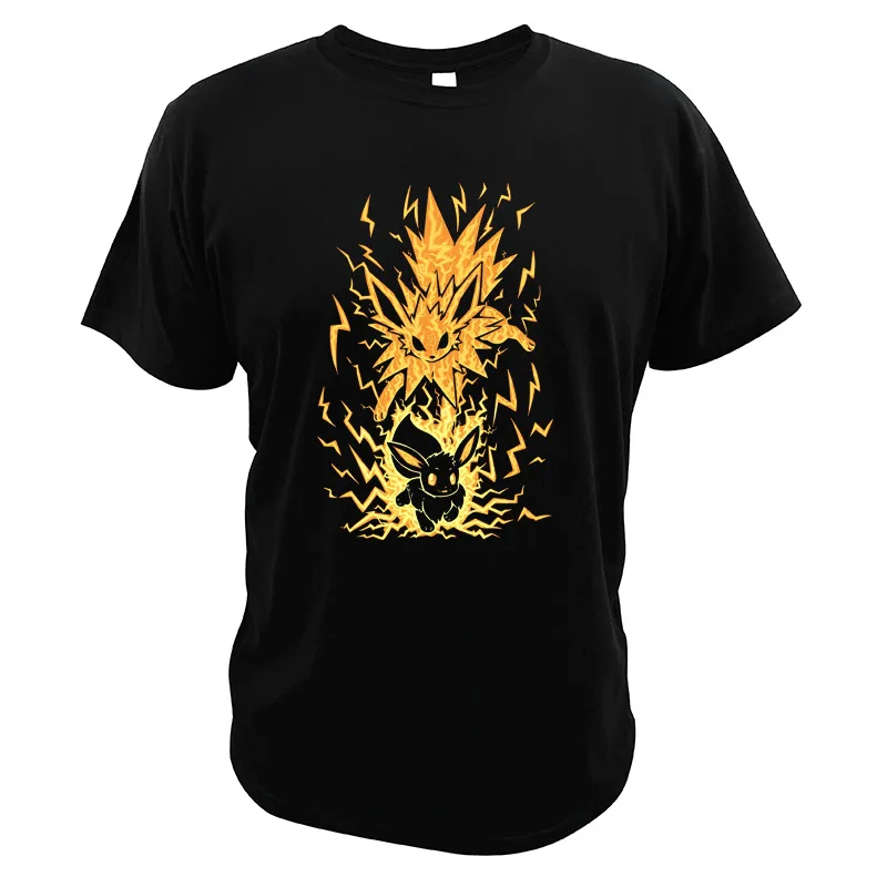 Jolteon/футболки Eevee; одежда для видеоигр; Повседневная футболка с круглым вырезом и принтом «Покемон го» - Цвет: Черный