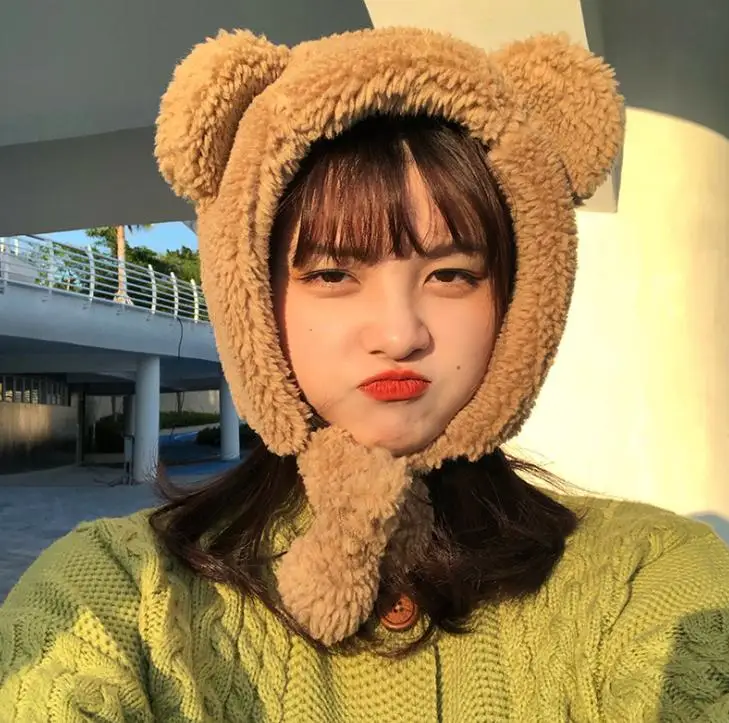 Winter Cute Bear Ears Warm Hat Women Beanies Windproof Cap Student Women Add Wool Cap Female Hat Present 2