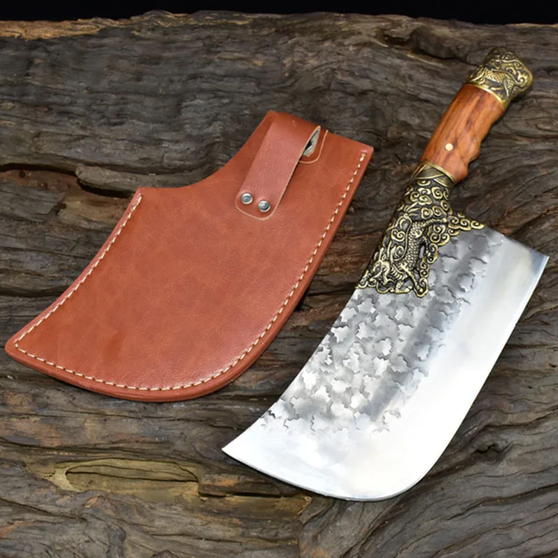 Meat Cleaver Knife, Longquan Kitchen Knife 8 Inch Copper Dragon Decor Chef  Cleaver Chopper Handmde Forged Fixed Blade Knife Meat And Poultry Tools